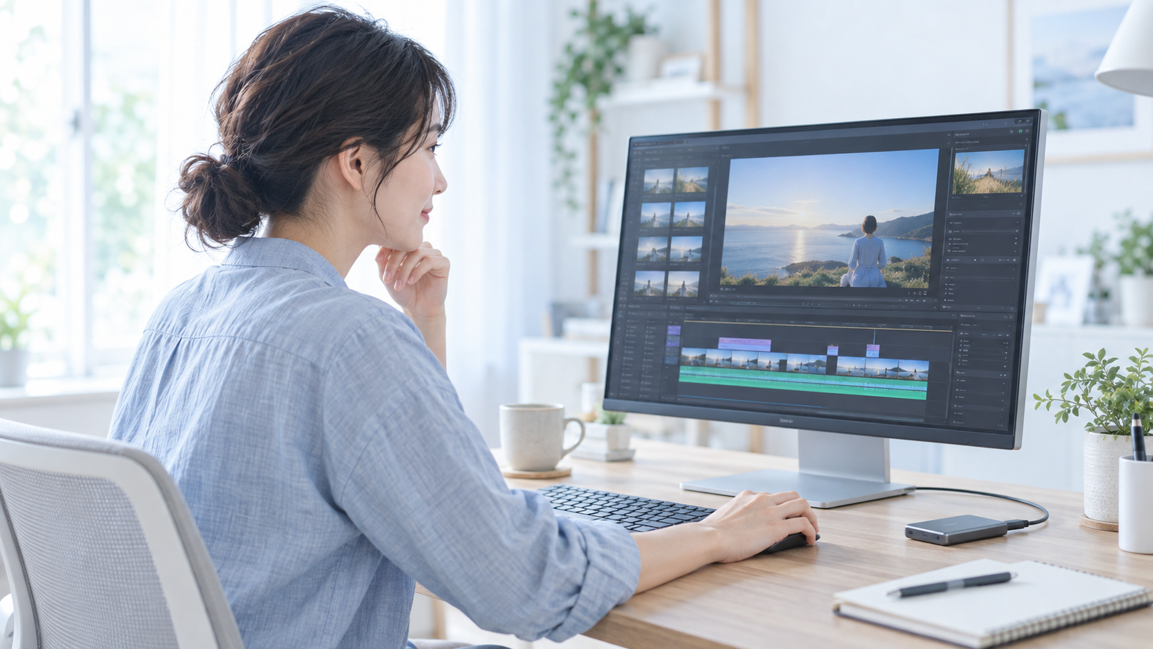 大きなモニターと外付けSSDを備えた自宅の動画編集環境のイメージ
