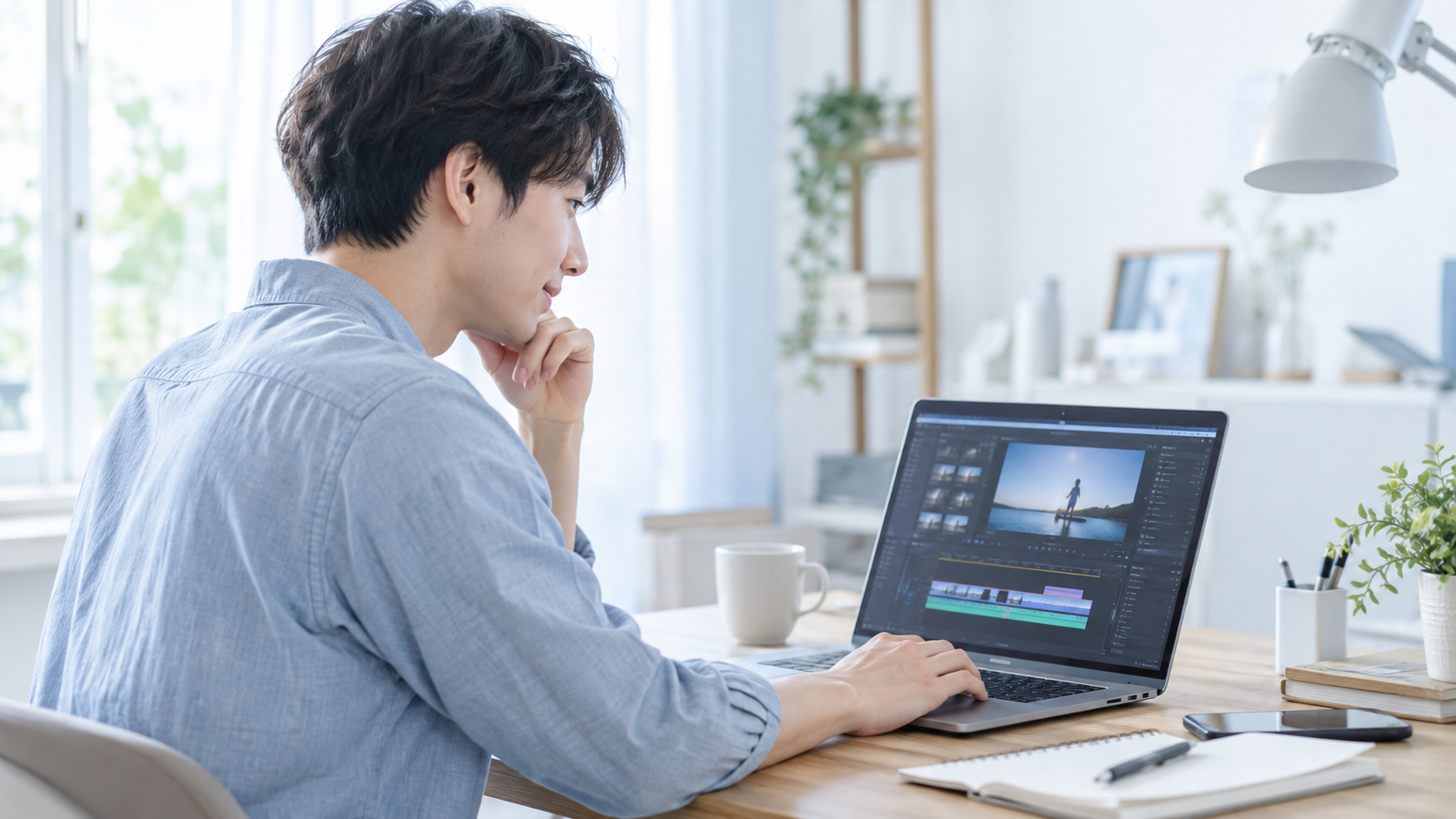 自宅でノートパソコンを使い動画編集を学ぶイメージ
